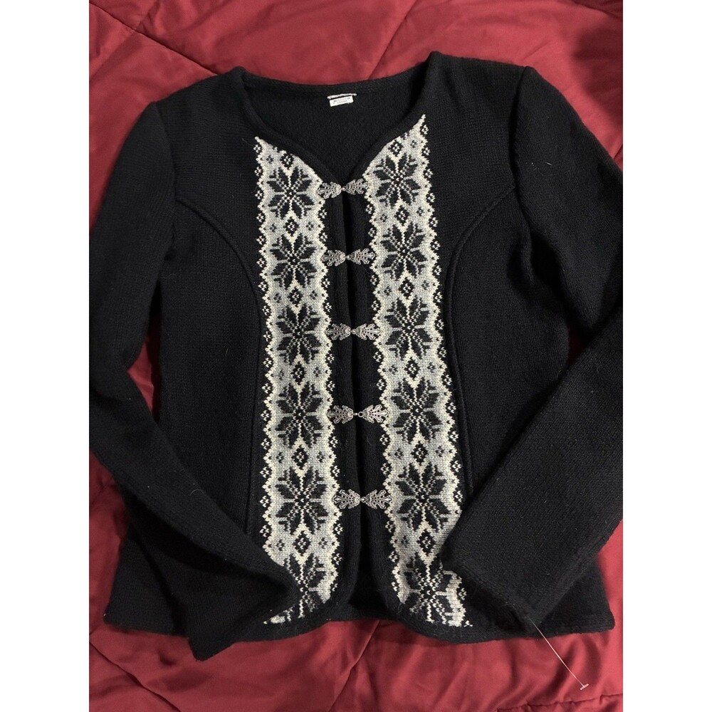 Vintage Wool Nordic Cardigan Navy Silver Clasp Folk Sweater